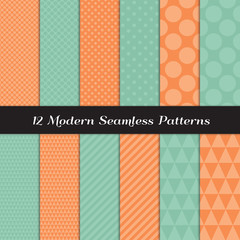 Tone on Tone Coral Orange and Mint Green Vector Patterns in Polka Dots, Chevron, Stripes and Geometric Triangle. Embossed Brocade Fabric Effect. Repeating Pattern Tile Swatches Included.
