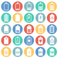 Battery icons set on color circles background for graphic and web design, Modern simple vector sign. Internet concept. Trendy symbol for website design web button or mobile app