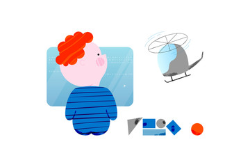 Cute boy is coding helicopter. Children coding and code training design concept in flat style