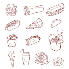 Fastfood icon set. Hand drawn sketch illustration of street food.