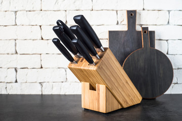 Knife block on the kitchen table.