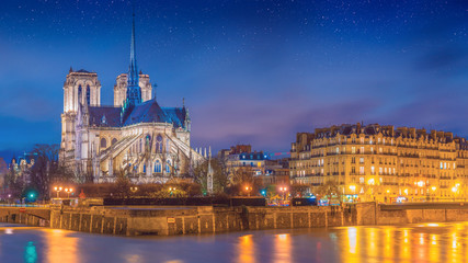 View of Notre Dame after sunset