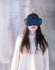 VR background white reflection girl face phone Woman virtual reality headset brunette phone