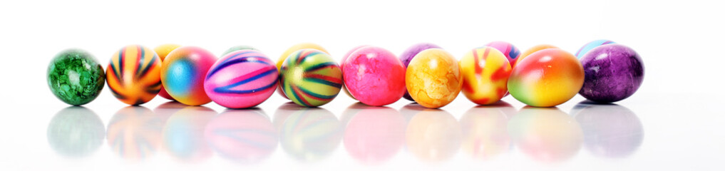 Row of Easter eggs on table. easter decoration