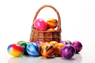 Basket of Easter eggs on table. easter decoration