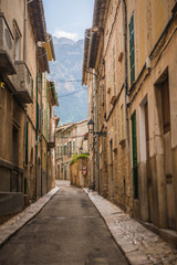 Soller, Mallorca, Spain - 04.11.2018: street with traditional old buildings