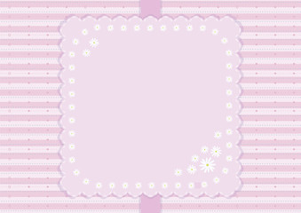 Pink striped vector card with ribbon and napkin with a floral pattern of daisies.
