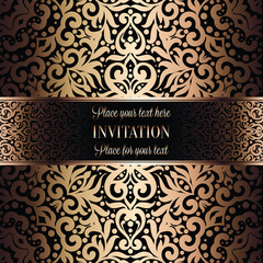Gold Wedding Invitation card template design with damask pattern on background. Tradition decoration for wedding in baroque style