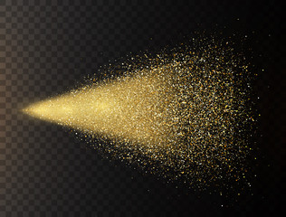 Gold glitter spray on transparent background. Glowing drops in motion. Golden magic star dust. Light particles. Bright glitter explosion. Sparkling firework. Vector illustration - obrazy, fototapety, plakaty