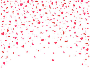 Heart confetti falling on white background. Flower petal in shape of heart. Valentines Day background. Color confetti for greeting cards, wedding invitation, gift packages. Vector illustration
