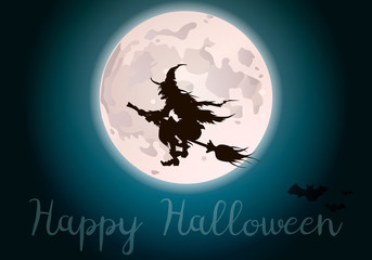 The old witch flies on a broomstick in the night sky against the background of the full moon.Haloween concept. Vector illustration. 