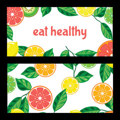 set of flyers in front and behind, postcard with bright fruits on a white background. Bright banner for site of healthy diet, vegetarianism, raw with text