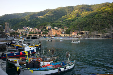 Liguria / Italy - June 24 / 2016 : View of Monterosso from the port with boats