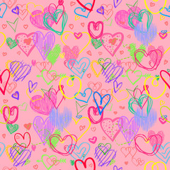 Hand drawn background with colored hearts. Seamless grungy wallpaper on surface. Abstract texture with love signs. Lovely pattern. Line art. Print for banner, flyer or poster. Colorful illustration