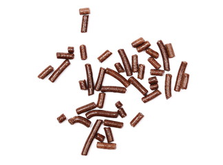 Chocolate sprinkles isolated on white background and texture, top view