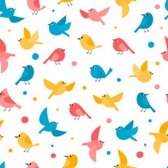 Pattern with colorful flying birds isolated on white.