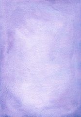 Watercolor light lavender gradient background hand painted. Aquarelle lavender stains on paper. Pastel purple watercolour texture. Vintage abstract wallpaper. Wash drawing trendy backdrop. Cards.