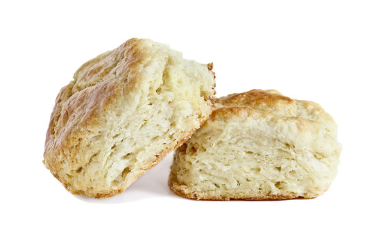 Two Isolated Buttermilk Southern Biscuits Over White