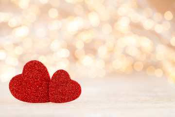 Fototapeta premium Red heart bokeh background, valentine day greeting card.