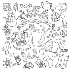 Christmas doodles set. Winter favourites. Vector stickers illustration.