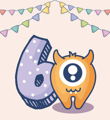 cute monster with number six birthday card
