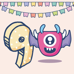 cute monster with number nine birthday card