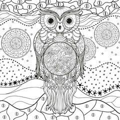 Mandala with owl on white. Zentangle. Hand drawn abstract patterns on isolation background. Design for spiritual relaxation for adults. Black and white illustration for coloring