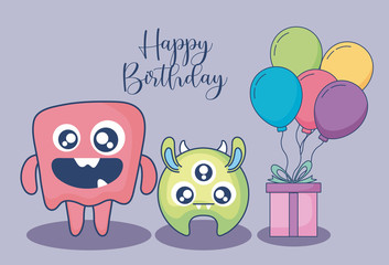 monsters with balloons helium and gift birthday card