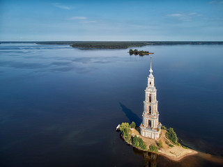 Kalyazinskaya bell tower of St. Nicholas Cathedral in the water a flooded bell tower . Kalyazin, Tver region, Russia