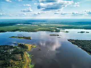 View on the valley of Volga river from the drone dji