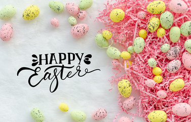 Happy easter greeting card background with pastel ester eggs.