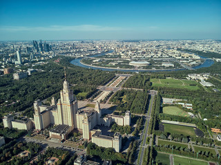 Aerial drone view of Lomonosov Moscow State University MGU, MSU on Sparrow Hills, Moscow, Russia. Beautiful park area