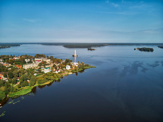 Kalyazinskaya bell tower of St. Nicholas Cathedral in the water a flooded bell tower . Kalyazin, Tver region, Russia