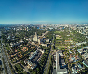 Fototapeta na wymiar Aerial drone view of Lomonosov Moscow State University MGU, MSU on Sparrow Hills, Moscow, Russia. Beautiful park area