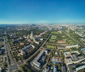 Aerial drone view of Lomonosov Moscow State University MGU, MSU on Sparrow Hills, Moscow, Russia. Beautiful park area