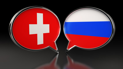 Fototapeta premium Switzerland and Russia flags with Speech Bubbles. 3D illustration