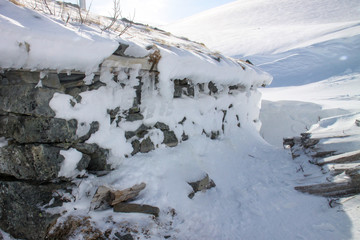 Winter at old stone cottage on Tosenfjellet in Grane municipality, Nordland county
