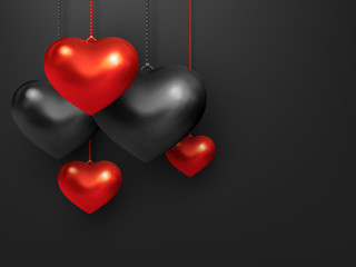 Black background with hanging 3d metallic red and black hearts. Decorative love concept for Valentines day. Top view, copy space. Vector illustration.