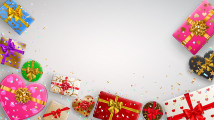 Background with colorful gift boxes with ribbons, bows and various patterns