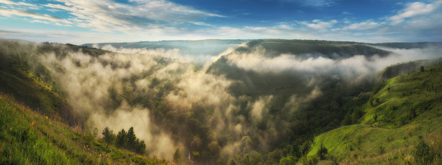 Fototapeta premium foggy canyon of a picturesque river. spring dawn