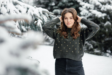 Girl stand on the forest and smile to camera. - Image