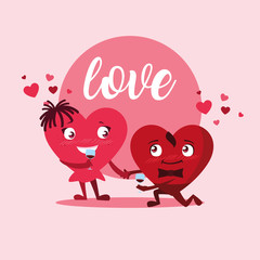 cute hearts couple with wine cup characters