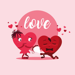 cute hearts couple with roses bouquet characters