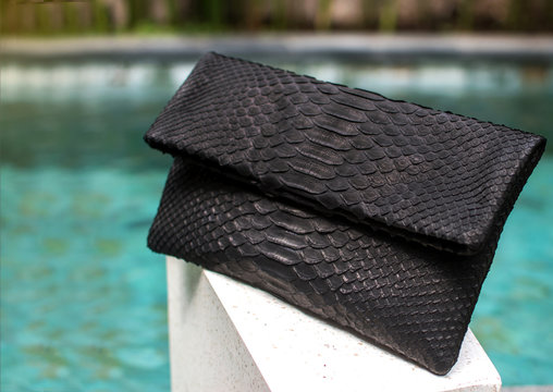 Close up of stylish female black leather python bag outdoors. Fashionable and luxury style expensive female bag. Free, empty place for text or logo