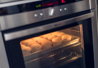 A beautiful tray of organic delicious orange warm baked sponge cake muffins in muffin cases, on a metal baking tray rack, inside an oven photographed with a soft depth of field.