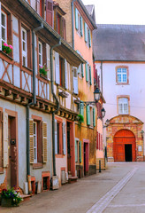 Street in Colmar in Alsace in northern France on a sunny day