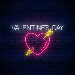 Glowing neon valentines day sign with heart shape with arrow. Vector illustration of valentine day greeting card