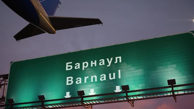 Airplane Take off Barnaul during a wonderful sunrise