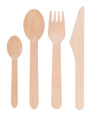Disposable wooden cutlery set isolated on white background