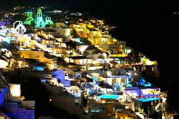 Beautiful view of Oia by night in Santorini